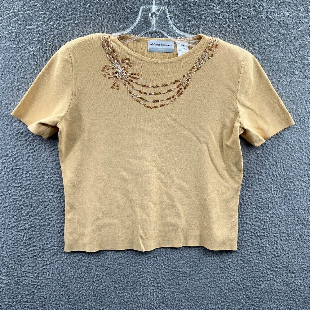 Alfred Dunner Womens Top Medium Petite Tan Short‎ Sleeve Pullover Beaded Shirt